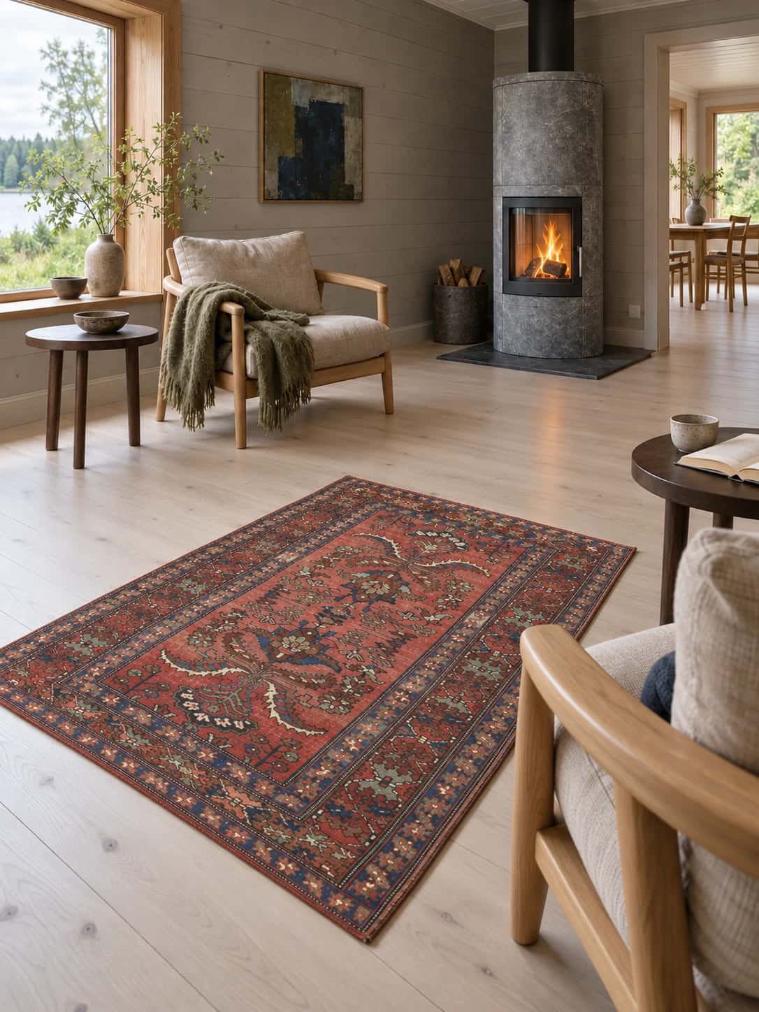 Persian Bakhtiari rug, floral, 137x200 cm, mainly red — In a room