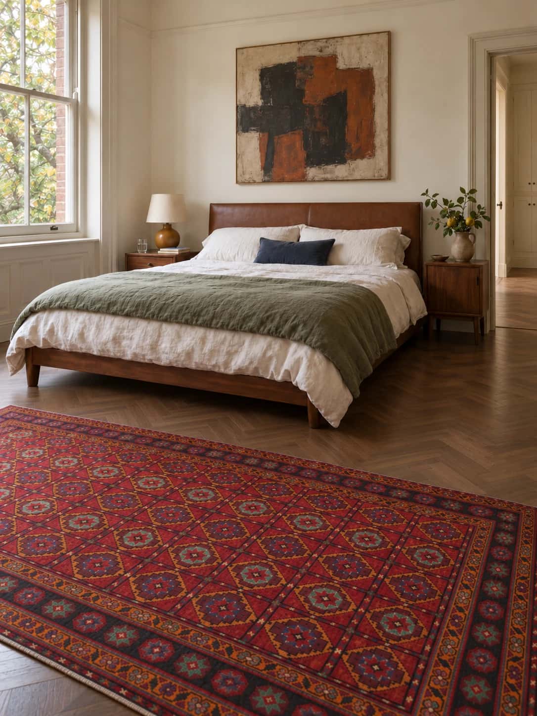 Persian rug, oriental, 150x290 cm, mainly red — In a room