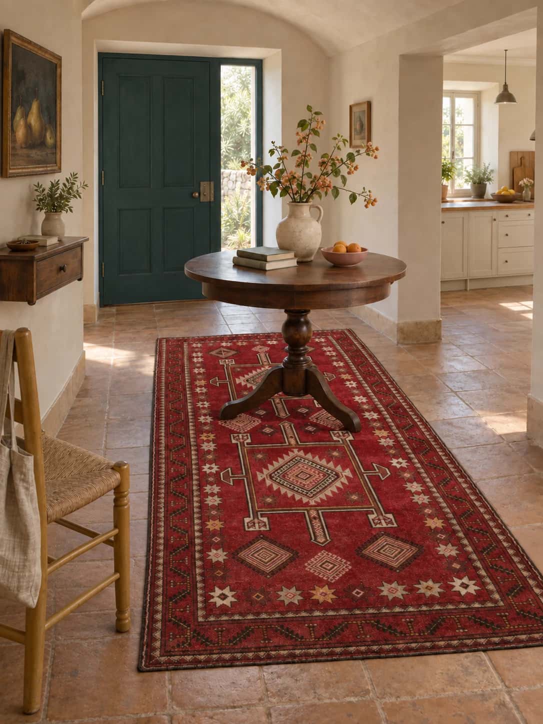 Alfombra persa, geométrica, 140x253 cm, principalmente en rojo — En una habitación