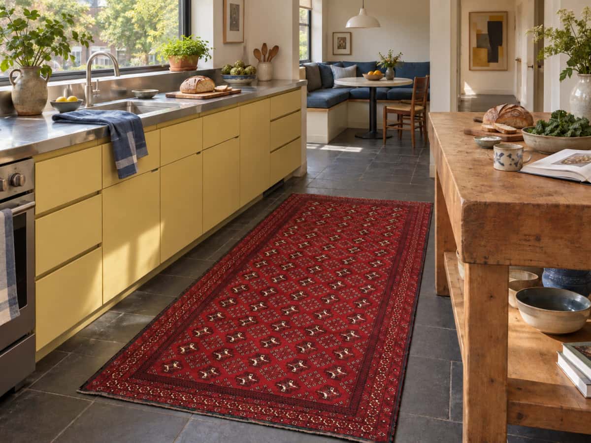 Perzisch tapijt Beloetsj, oosters, 106x218 cm, overwegend rood — In een kamer