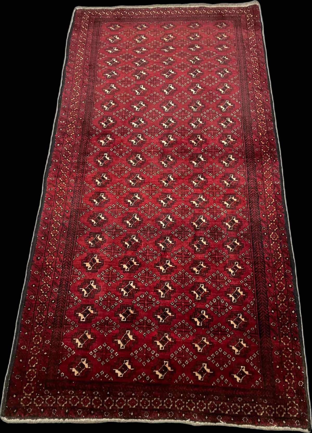 Persian rug of Baluch style in dimensions 218 centimeters length by 106 centimeters width with mainly red colors — Perspective