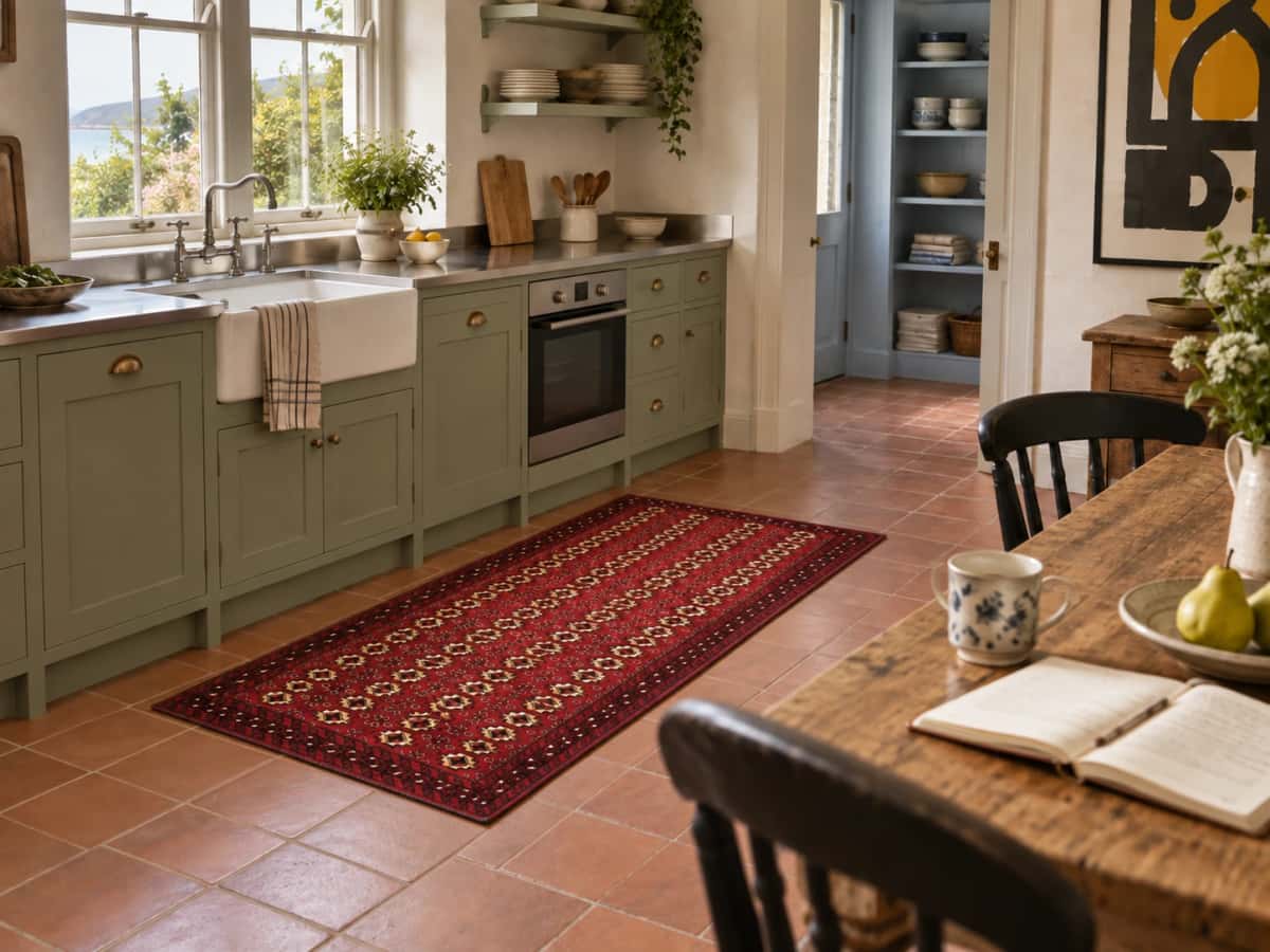 Persian Baluch rug, oriental, 116x204 cm, mainly red — In a room