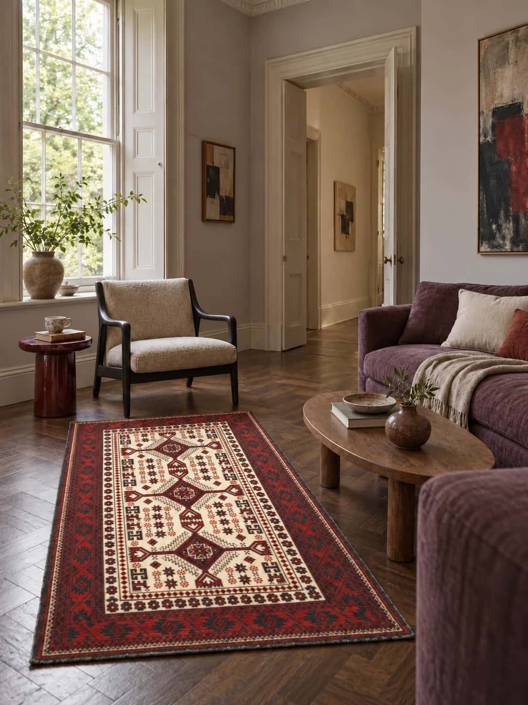 Alfombra persa, oriental, 97x182 cm, principalmente en beige y rojo — En una habitación