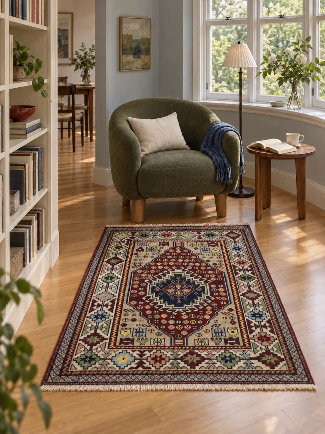 Persian Baluch rug, oriental, 103x145 cm, mainly beige and red — In a room
