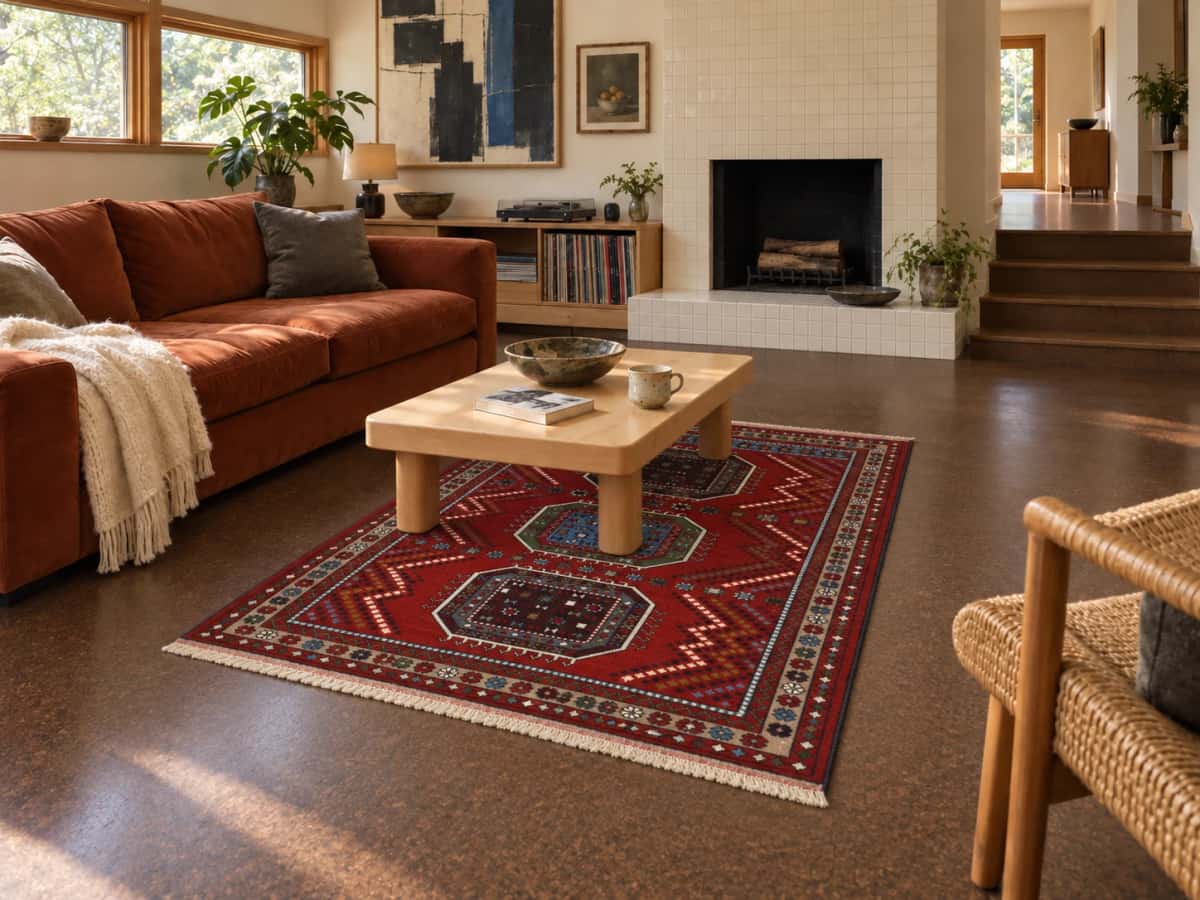 tapis persan de style Quchan aux dimensions 165 centimètres de longueur par 130 centimètres de largeur avec des couleurs principalement rouge — Dans une pièce