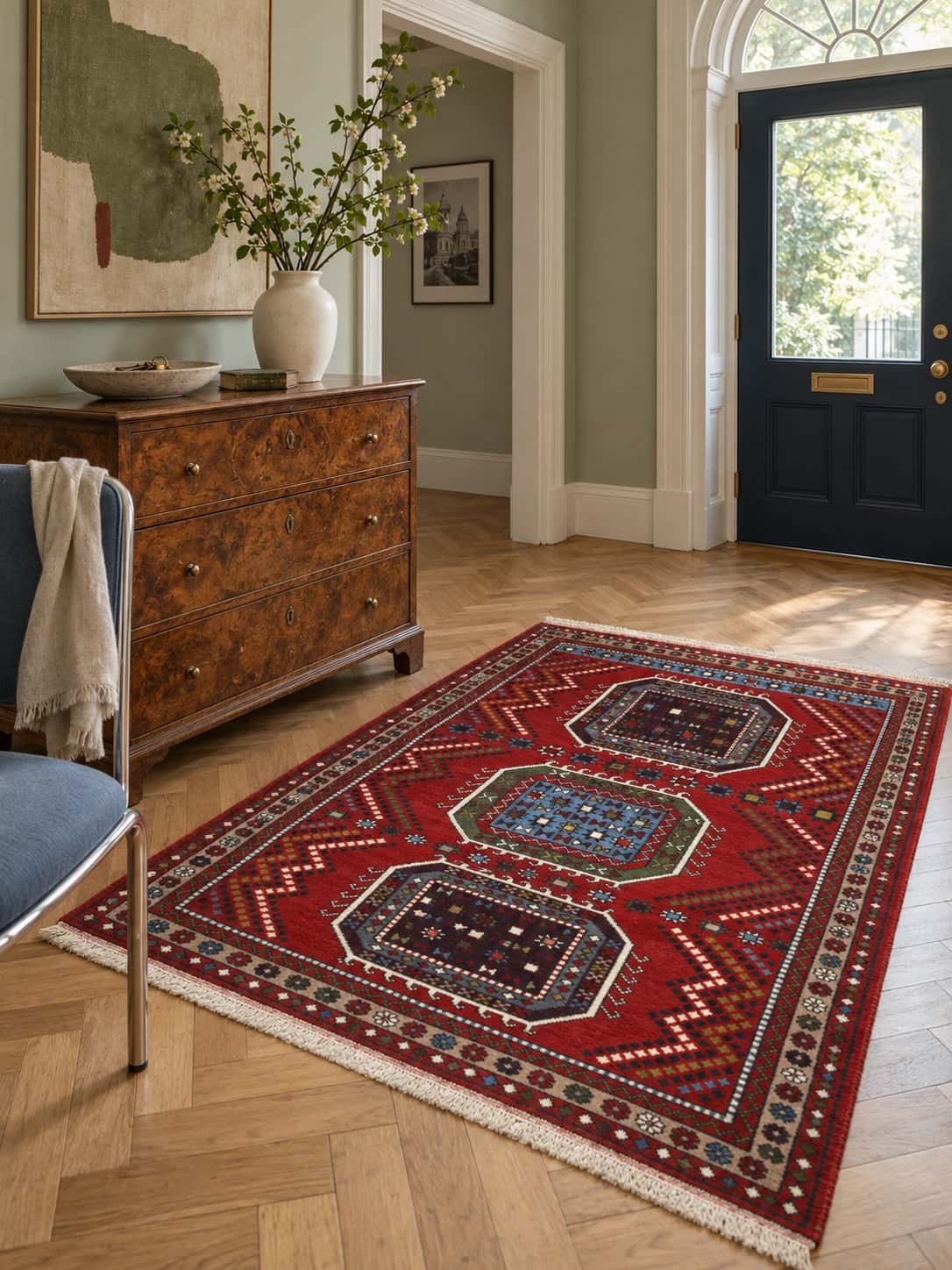Alfombra persa Quchan, geométrica, 130x165 cm, principalmente en rojo — En una habitación