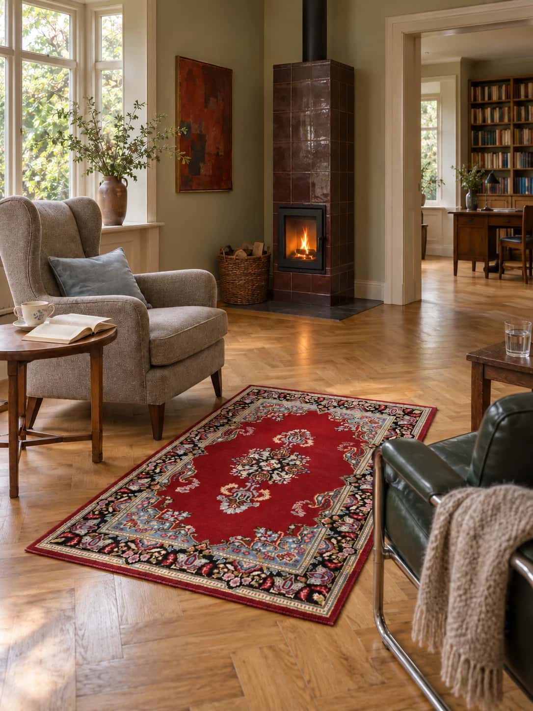 Persian Kerman rug, oriental, 88x145 cm, mainly red — In a room