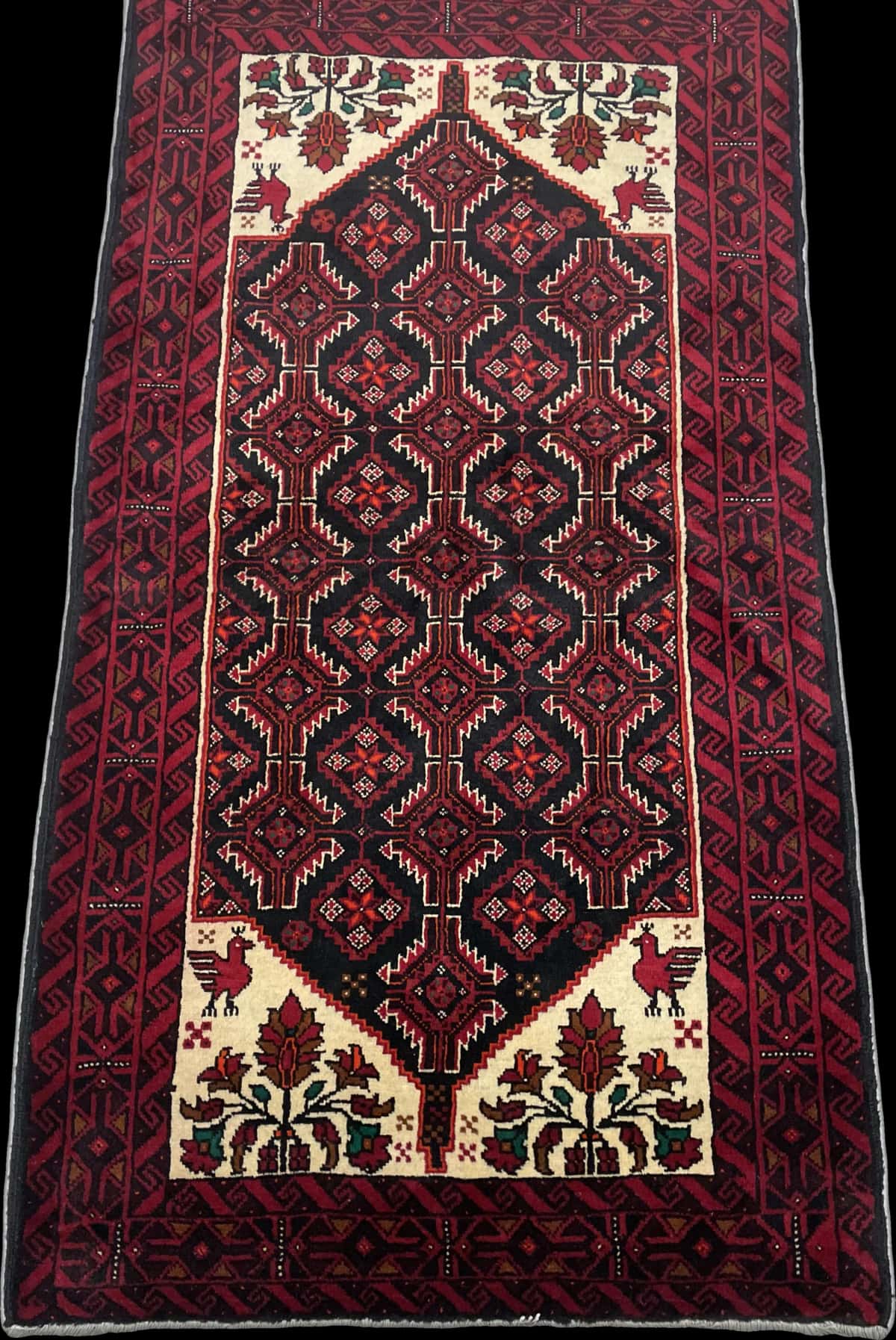 Persian rug of Baluch style in dimensions 194 centimeters length by 105 centimeters width with mainly red colors — Perspective