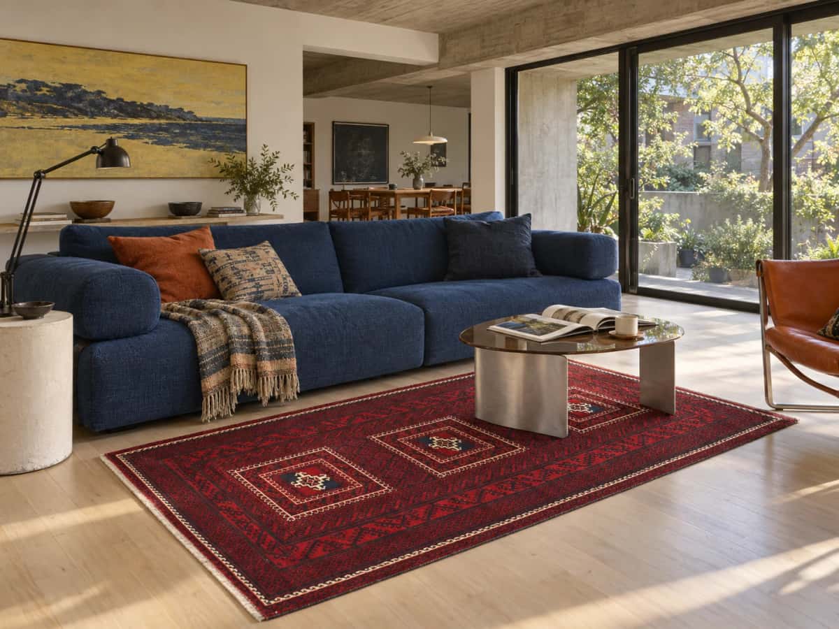 Persian Baluch rug, oriental, 110x198 cm, mainly red — In a room