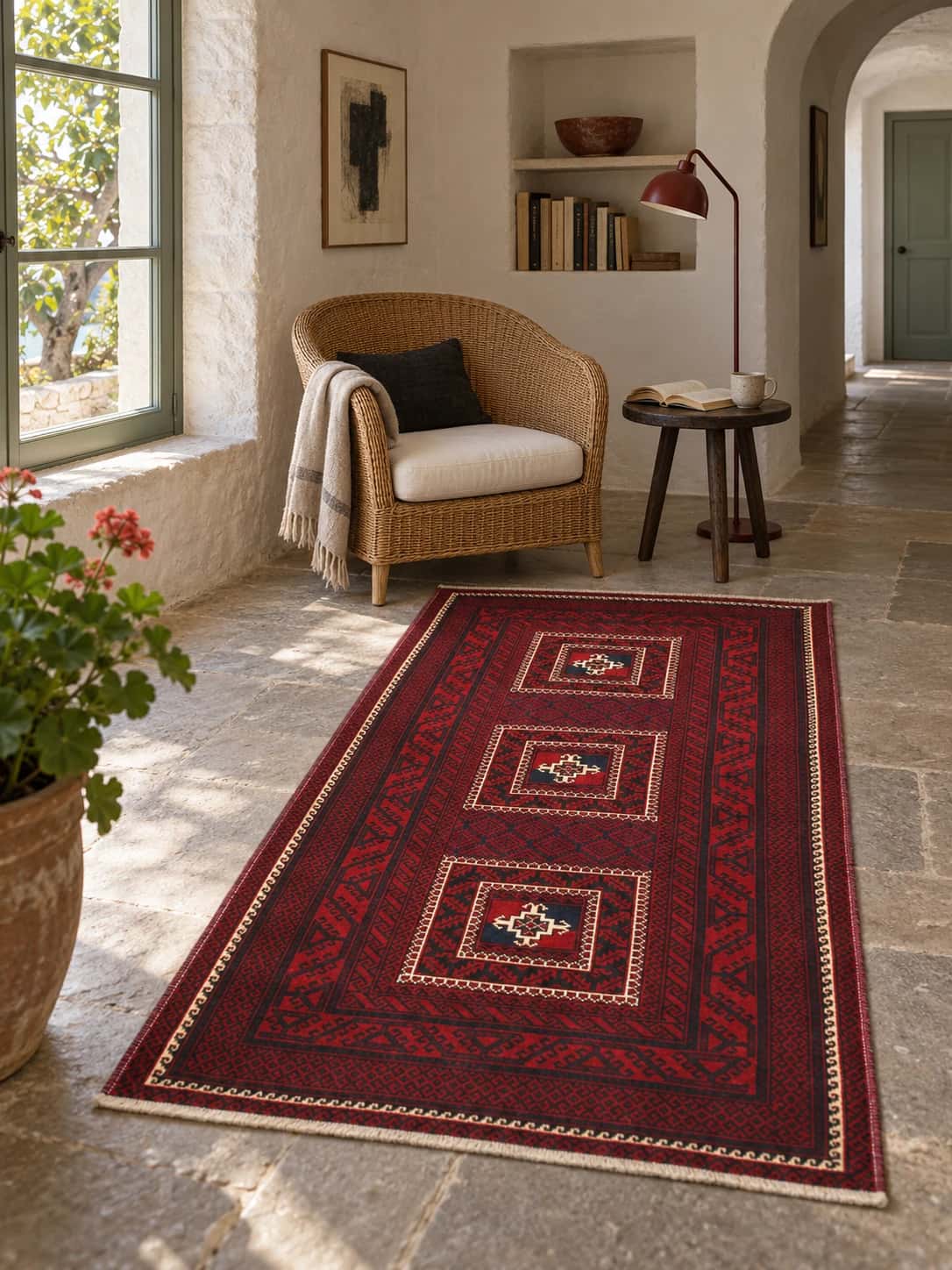 Persian Baluch rug, oriental, 110x198 cm, mainly red — In a room