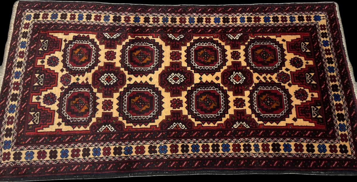 Persian rug of Baluch style in dimensions 193 centimeters length by 100 centimeters width with mainly red and orange colors — Perspective