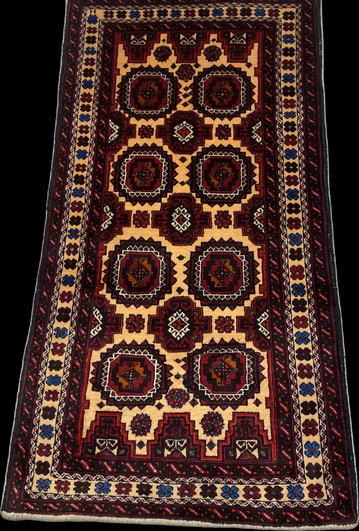 Persian rug of Baluch style in dimensions 193 centimeters length by 100 centimeters width with mainly red and orange colors — Perspective