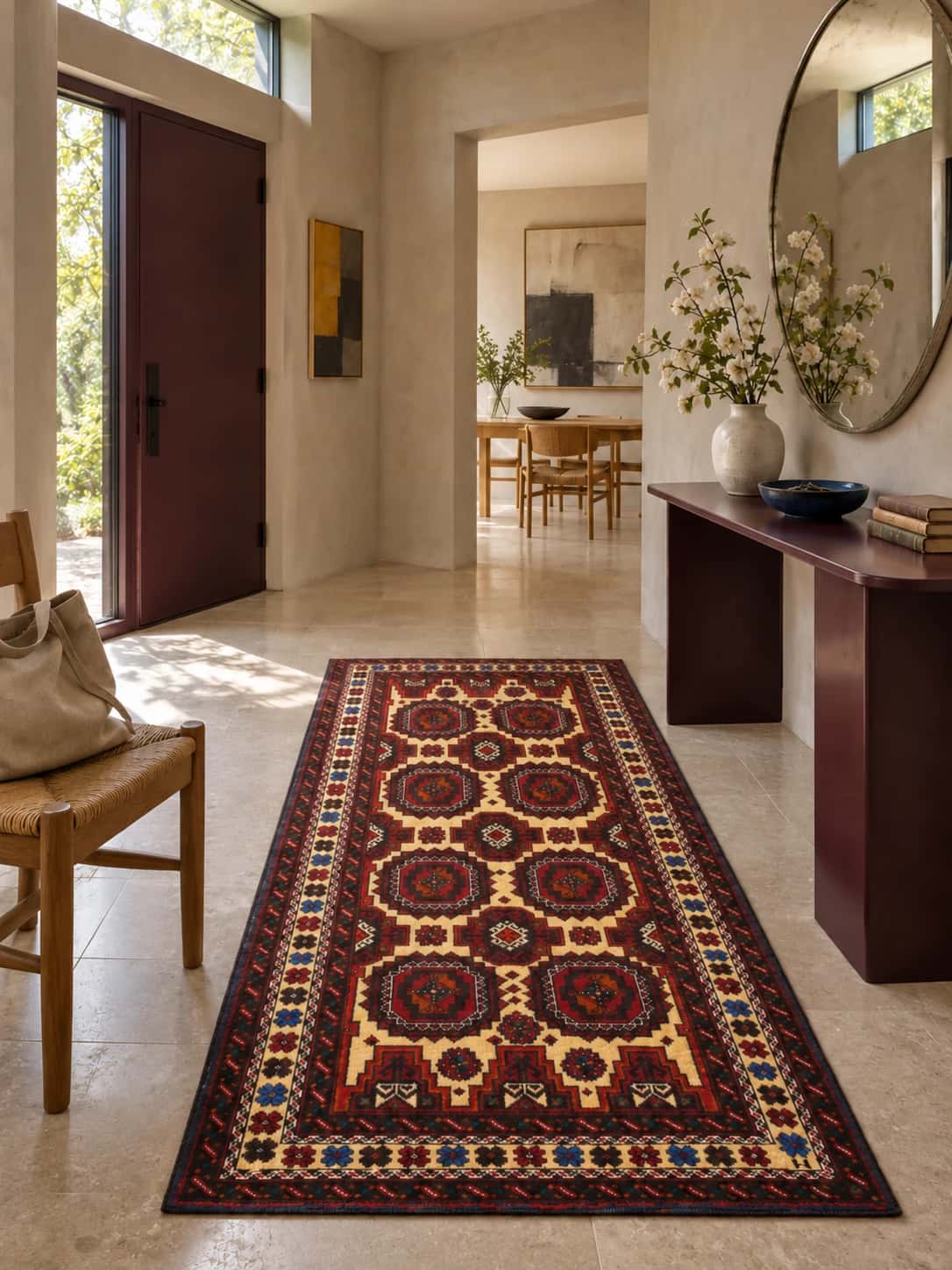 Persian Baluch rug, geometric, 100x193 cm, mainly red and orange — In a room