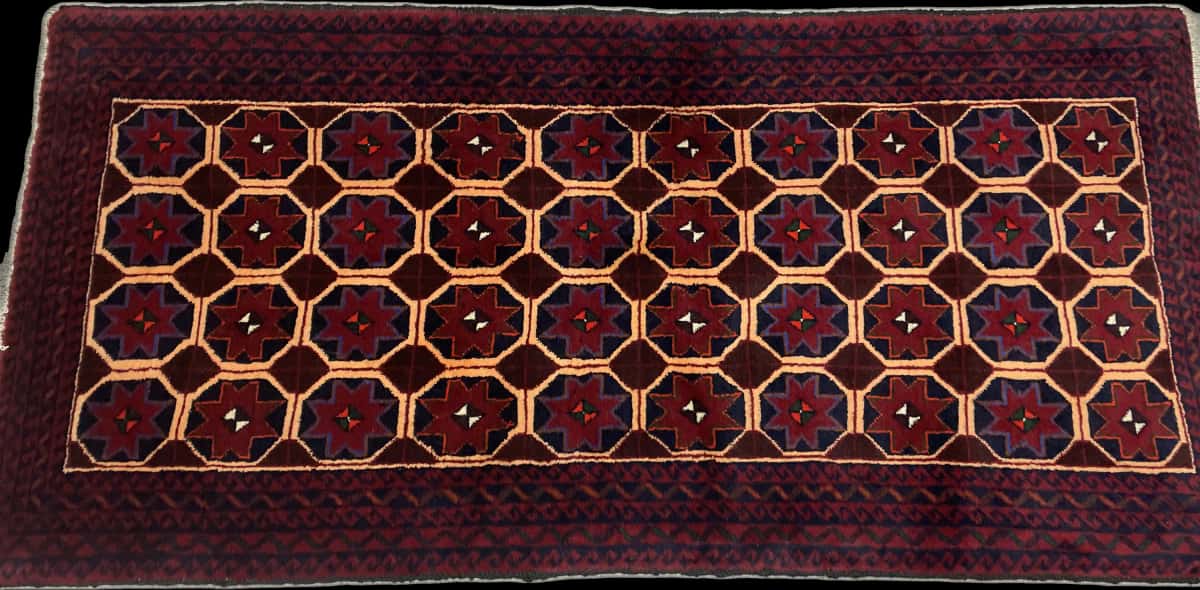Persian rug of Baluch style in dimensions 190 centimeters length by 95 centimeters width with mainly red and blue colors — Perspective