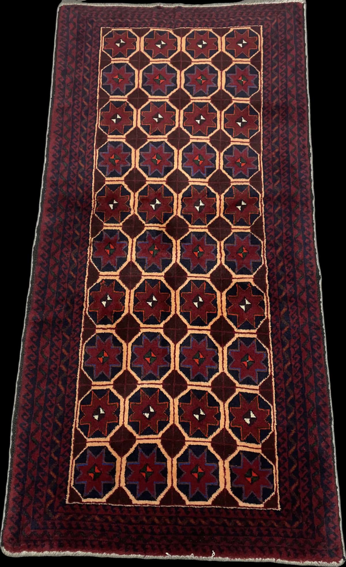 Persian rug of Baluch style in dimensions 190 centimeters length by 95 centimeters width with mainly red and blue colors — Perspective