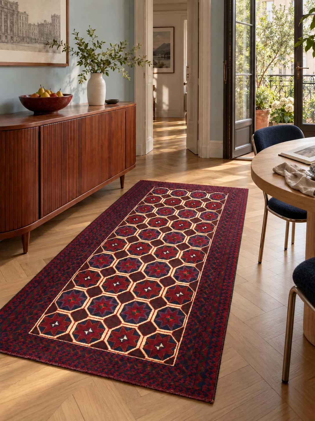 Persian Baluch rug, oriental, 95x190 cm, mainly red and blue — In a room