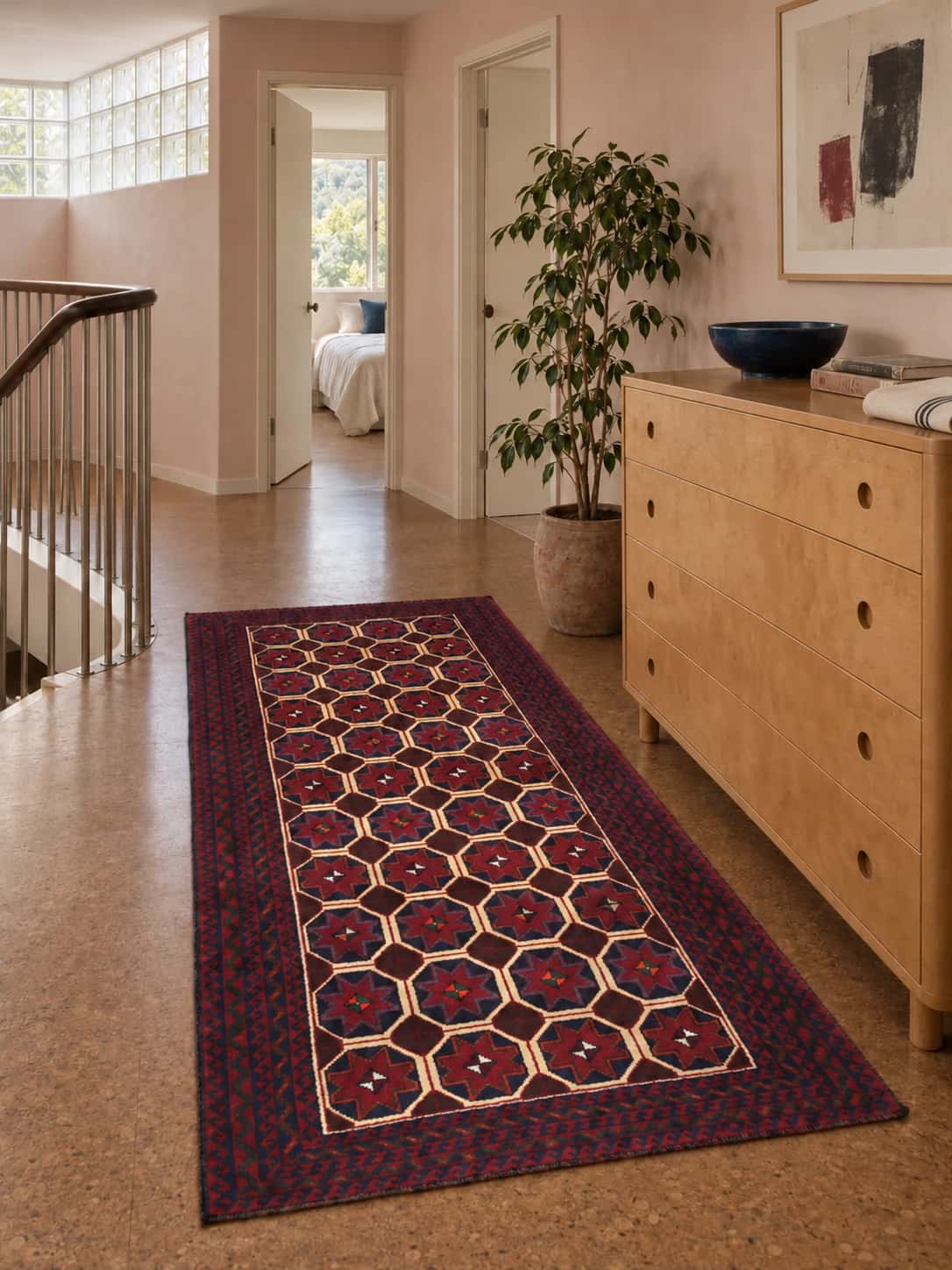 Persian Baluch rug, oriental, 95x190 cm, mainly red and blue — In a room