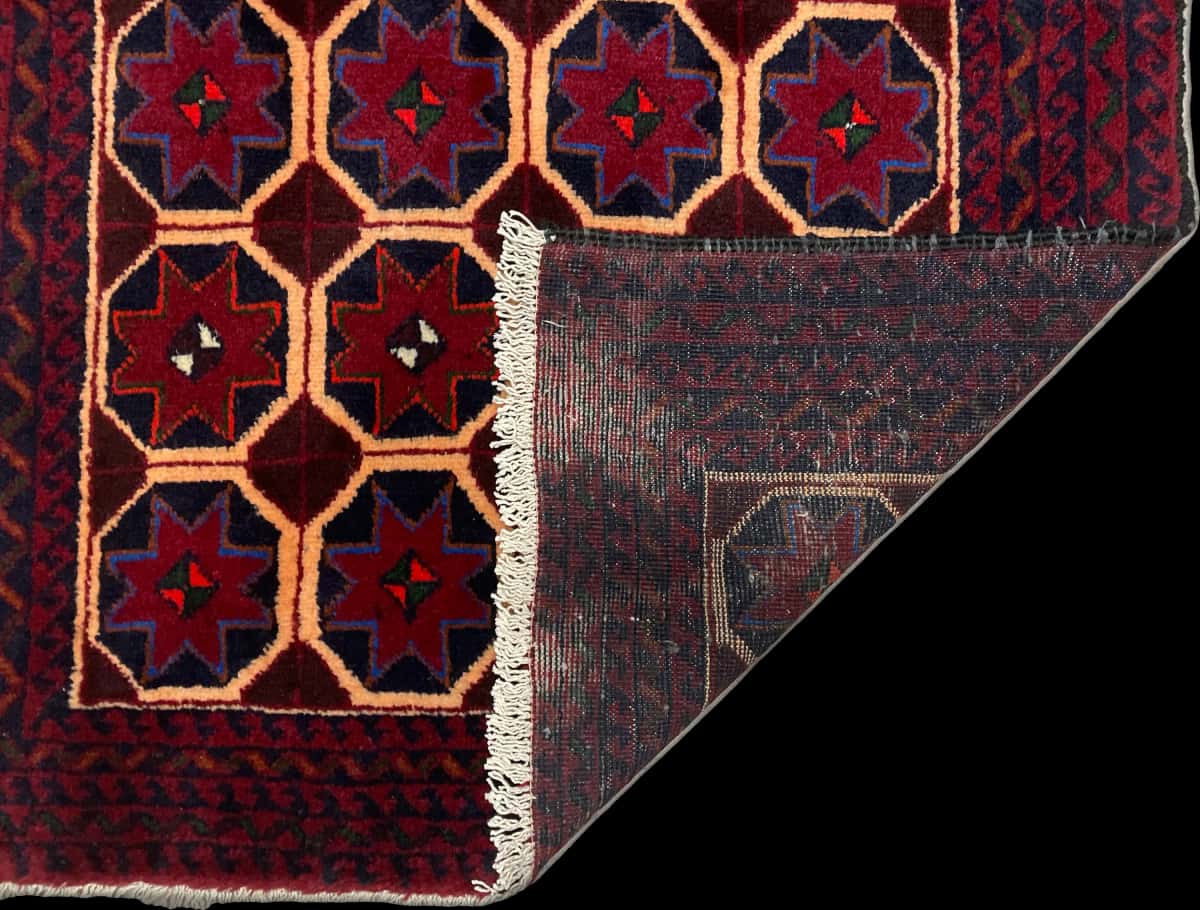 Persian rug of Baluch style in dimensions 190 centimeters length by 95 centimeters width with mainly red and blue colors — Folded