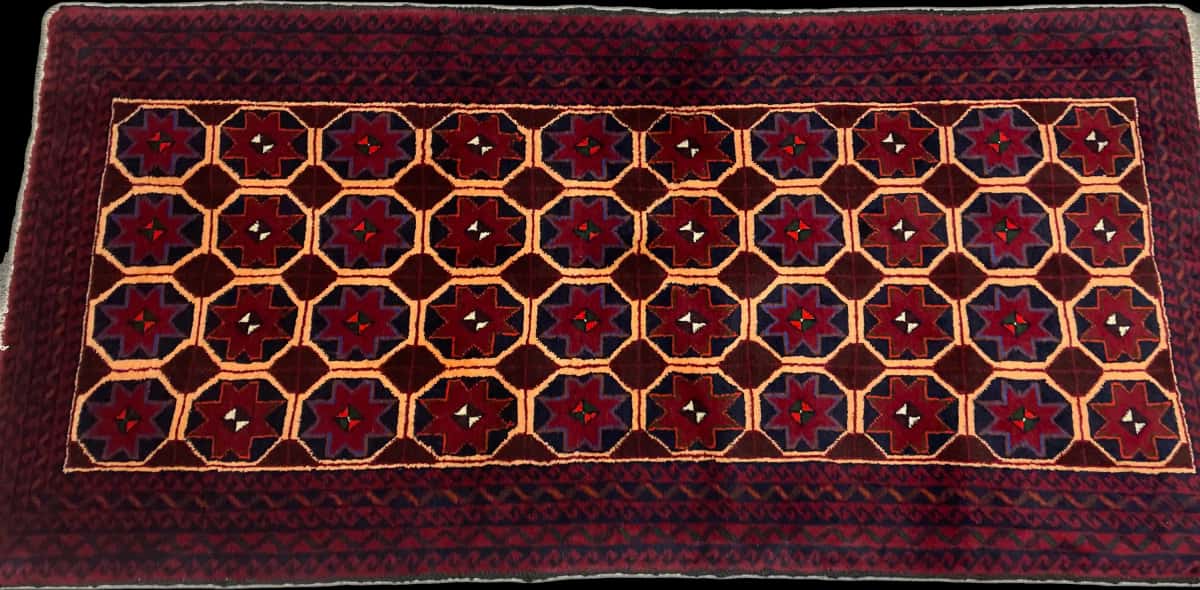 Persian rug of Baluch style in dimensions 190 centimeters length by 95 centimeters width with mainly red and blue colors — Perspective