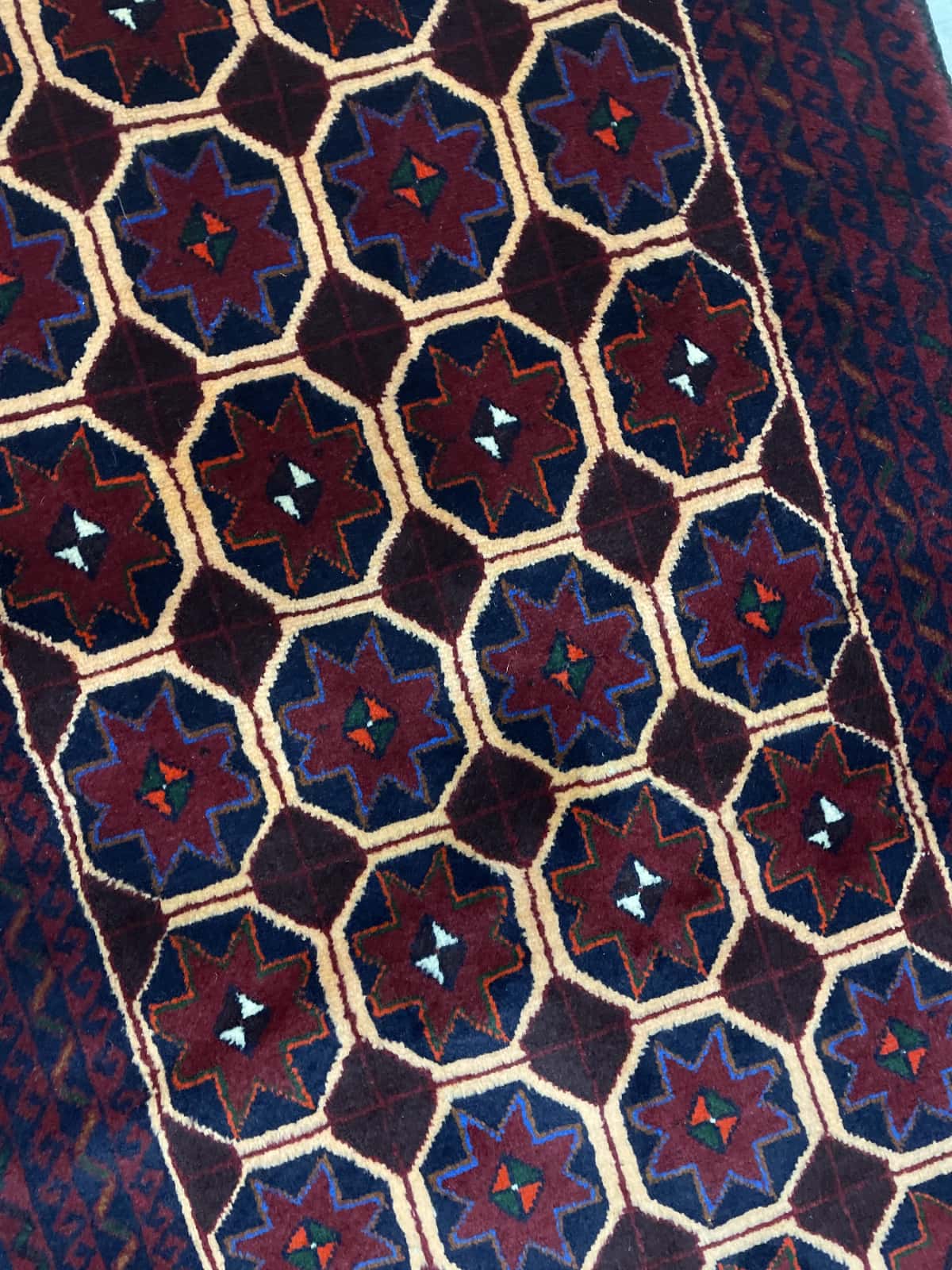 Persian rug of Baluch style in dimensions 190 centimeters length by 95 centimeters width with mainly red and blue colors — Perspective