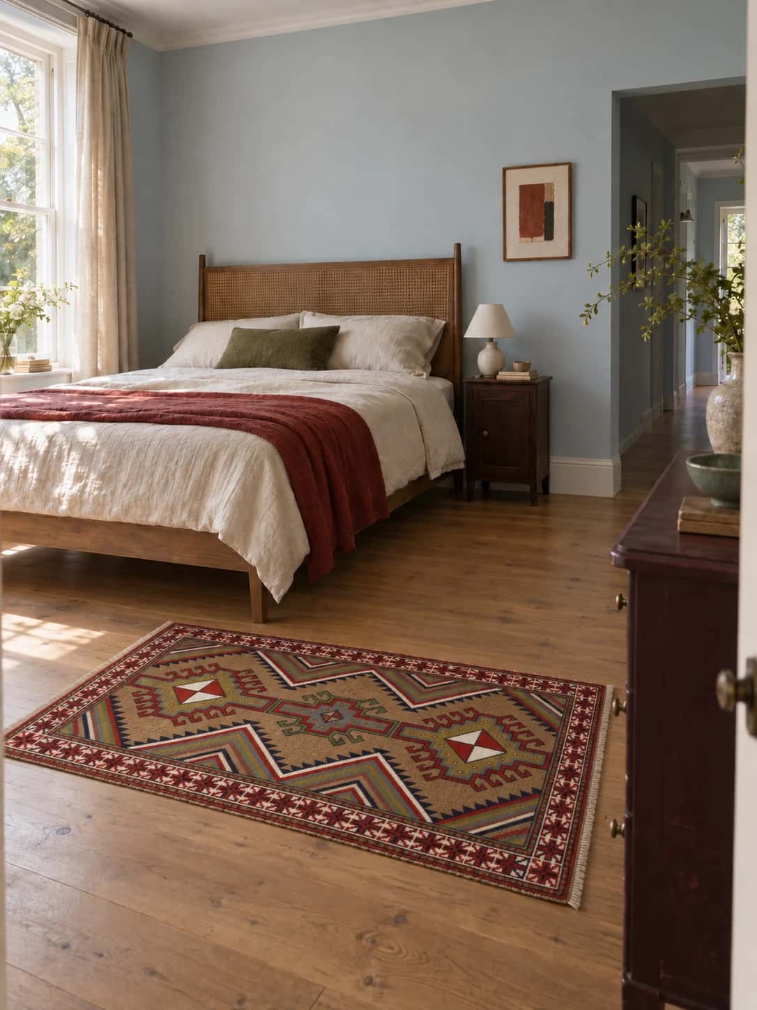 Alfombra kilim persa, 115x193 cm, principalmente en rojo — En una habitación