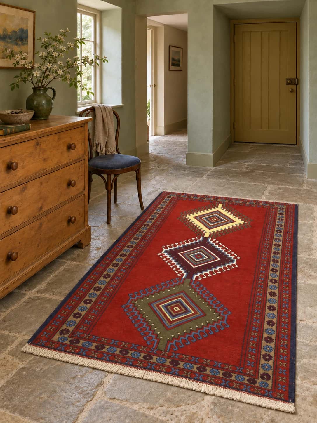 Persian rug, oriental, 120x170 cm, mainly red — In a room