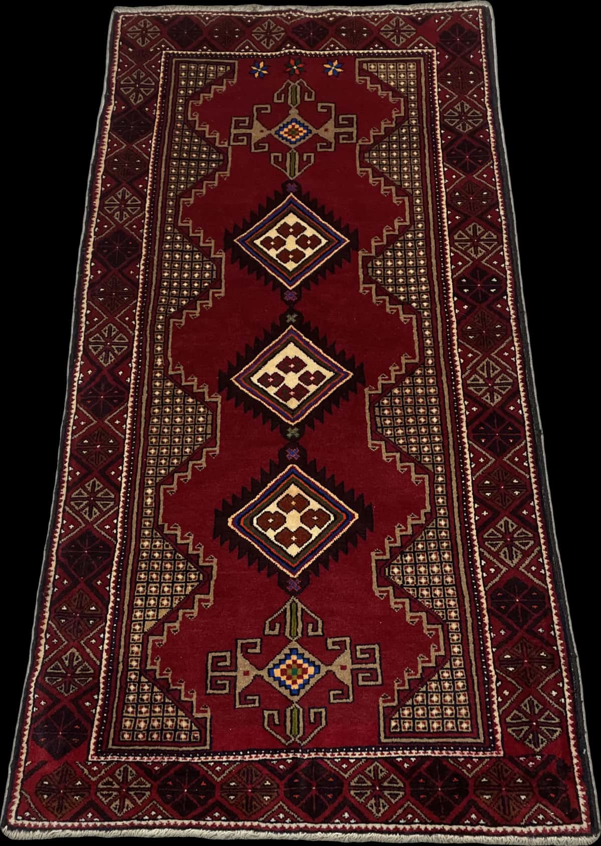 Persian rug of Baluch style in dimensions 195 centimeters length by 100 centimeters width with mainly red colors — Perspective