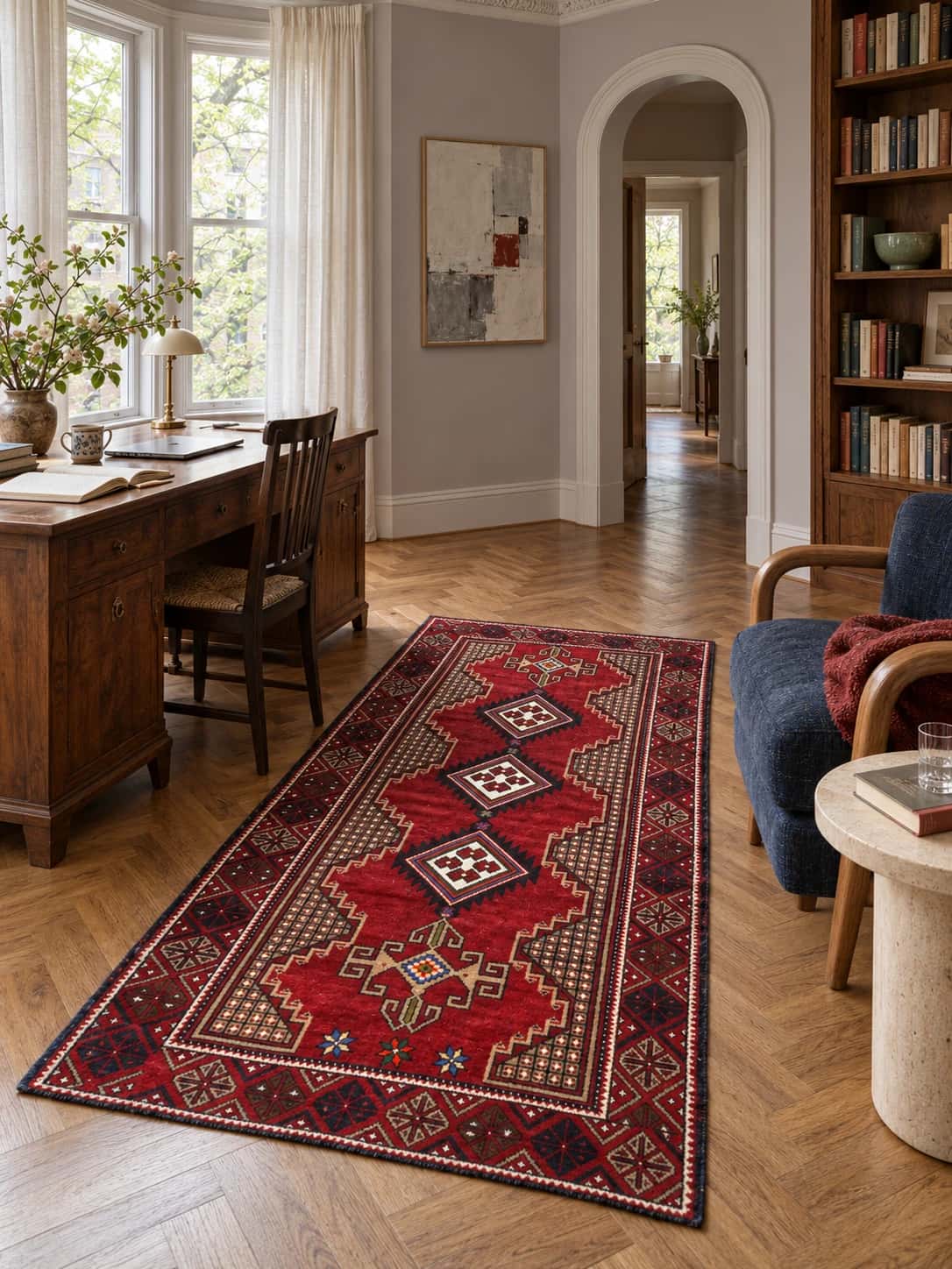 Persian Baluch rug, oriental, 100x195 cm, mainly red — In a room
