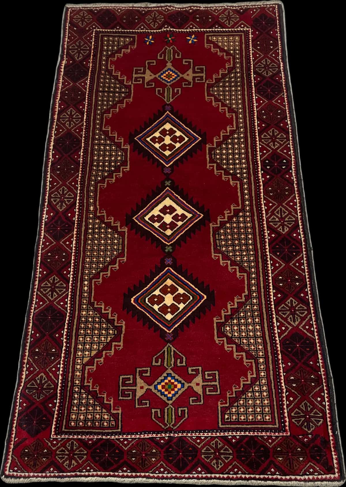 Persian rug of Baluch style in dimensions 195 centimeters length by 100 centimeters width with mainly red colors — Perspective