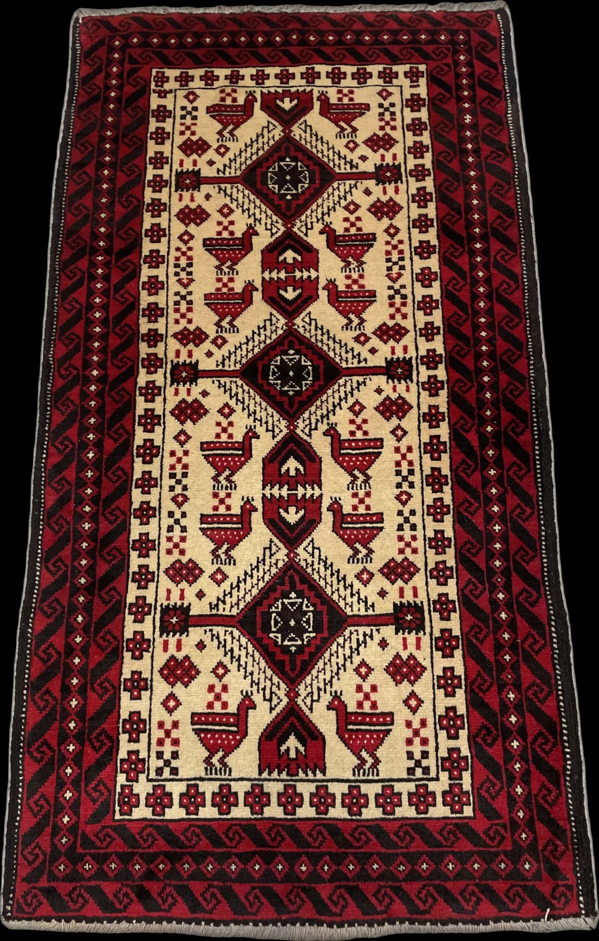 Persian rug of Baluch style in dimensions 187 centimeters length by 106 centimeters width with mainly beige and red colors — Perspective
