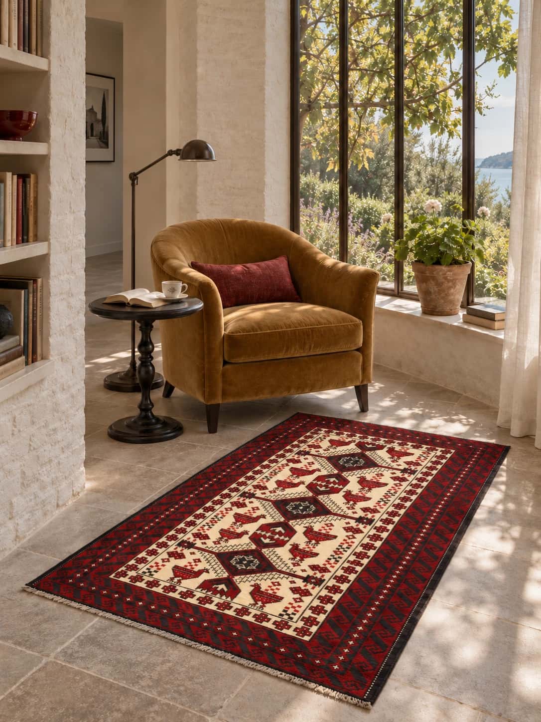Persian Baluch rug, oriental, 106x187 cm, mainly beige and red — In a room