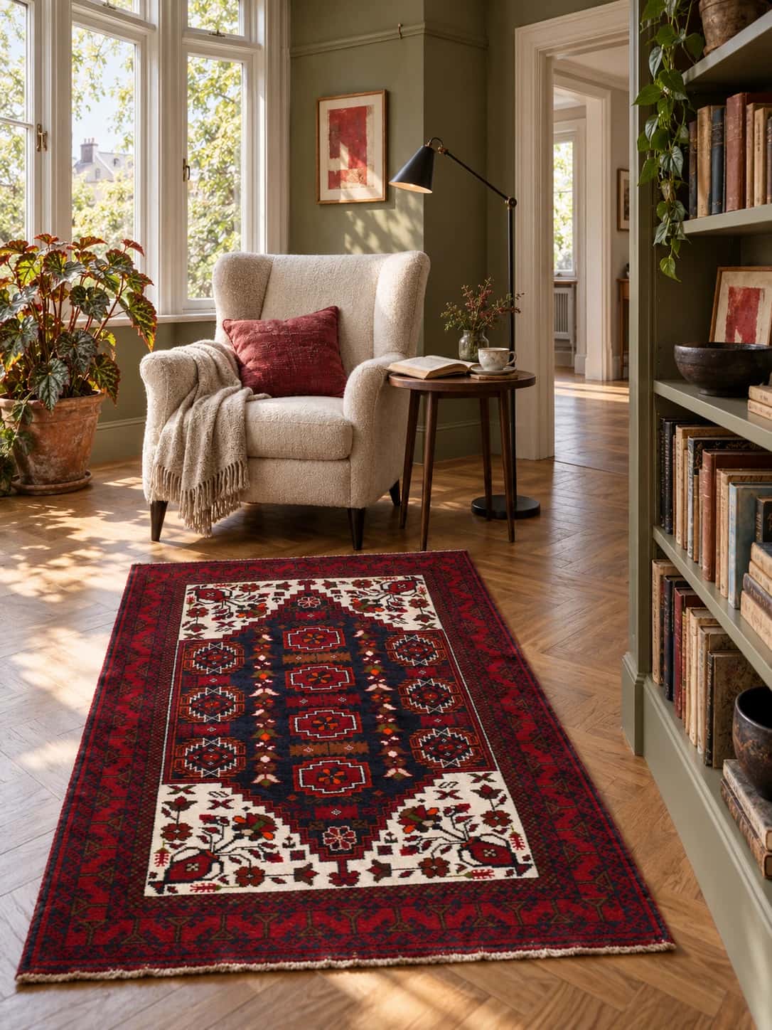 Persian Baluch rug, floral, 103x170 cm, mainly red — In a room
