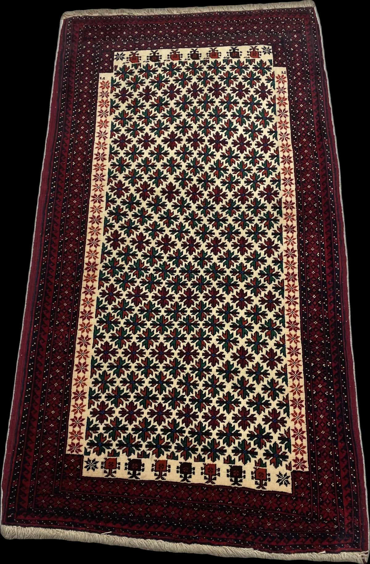 Persian rug of Baluch style in dimensions 182 centimeters length by 100 centimeters width with mainly red colors — Perspective