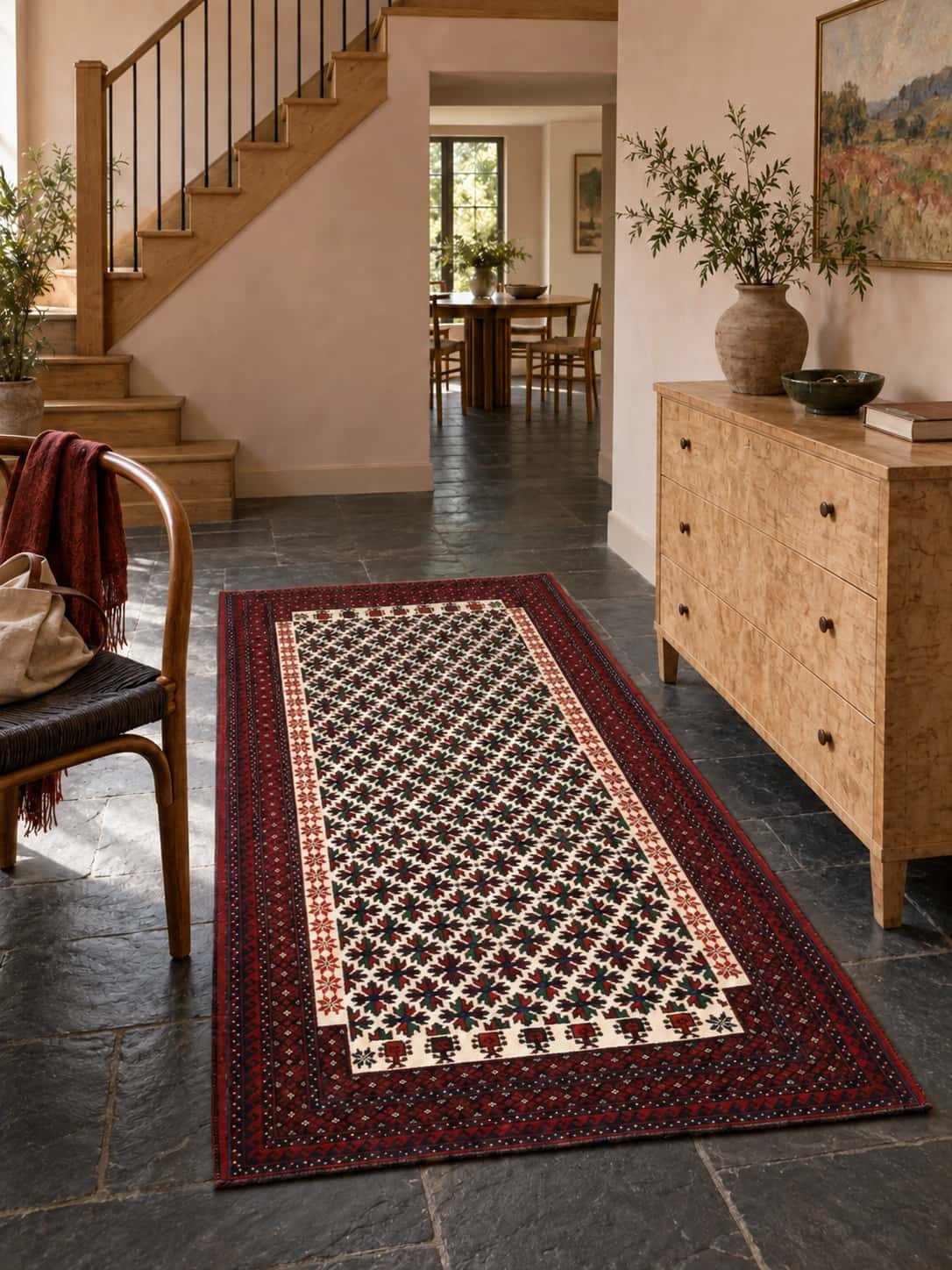 Persian Baluch rug, oriental, 100x182 cm, mainly red — In a room