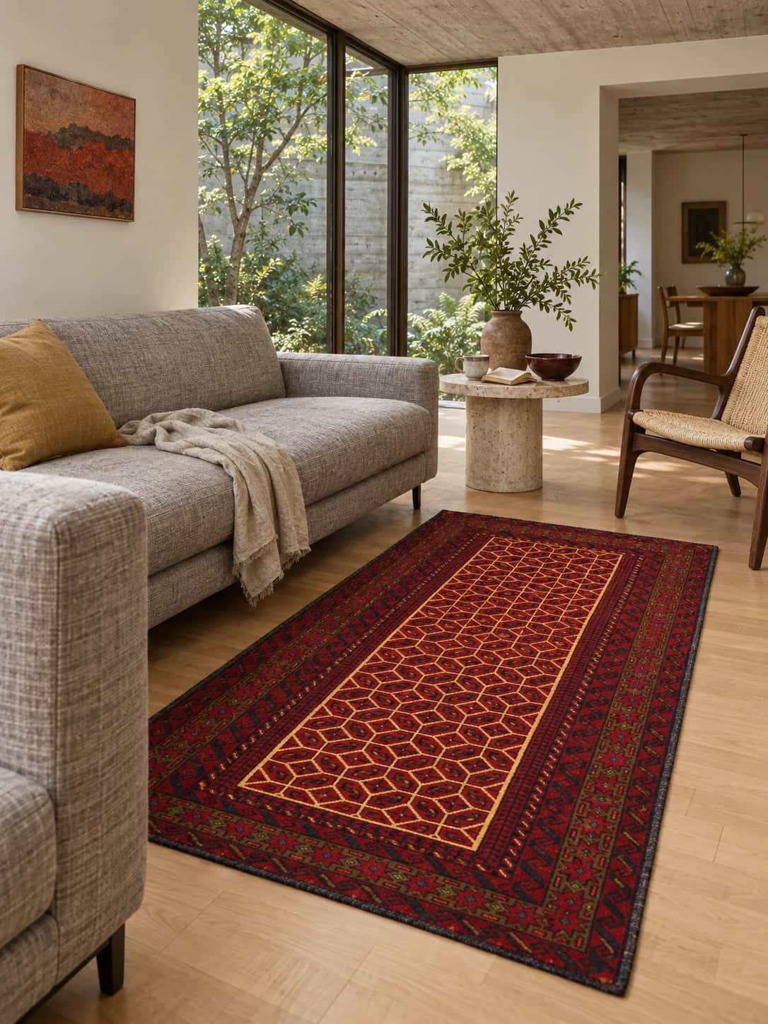 Persian Turkoman rug, oriental, 97x174 cm, mainly red — In a room