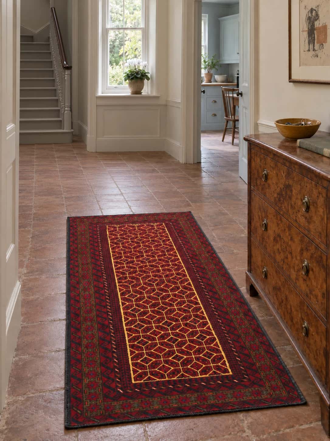 Persian Turkoman rug, oriental, 97x174 cm, mainly red — In a room