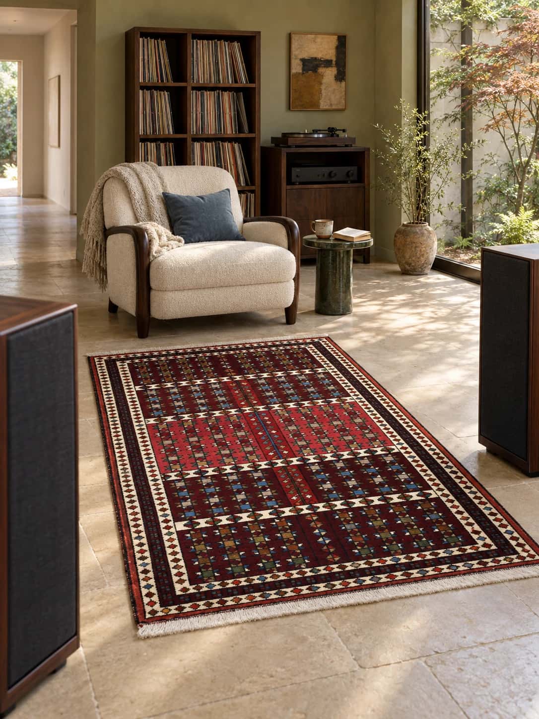 Persian Quchan rug, oriental, 118x171 cm, mainly red and brown — In a room
