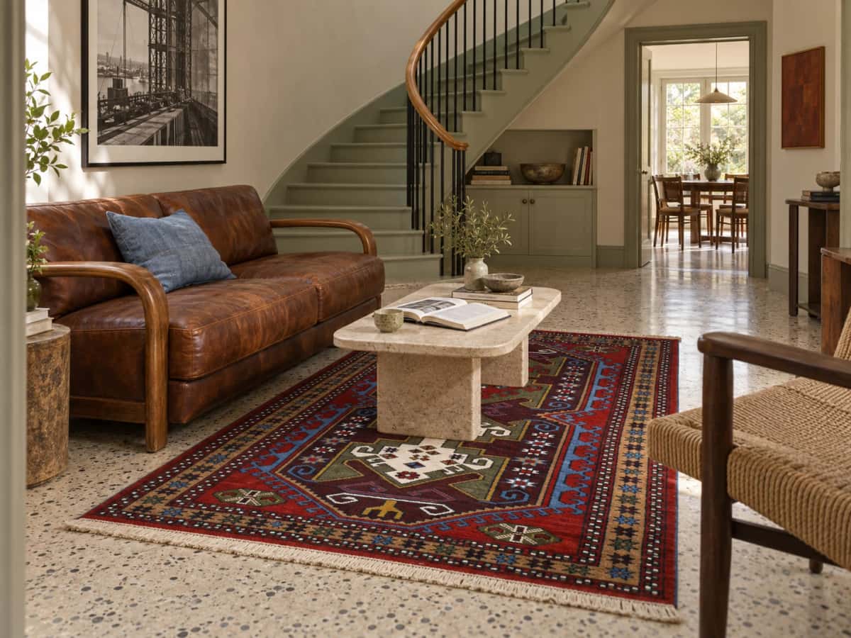 Persian Quchan rug, oriental, 117x172 cm, mainly red and green — In a room