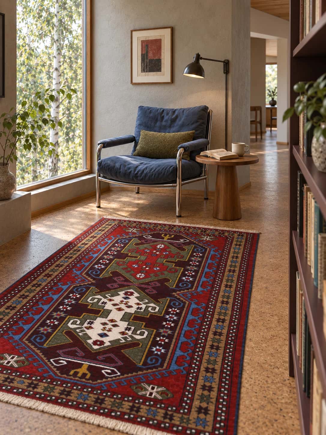 Persian Quchan rug, oriental, 117x172 cm, mainly red and green — In a room
