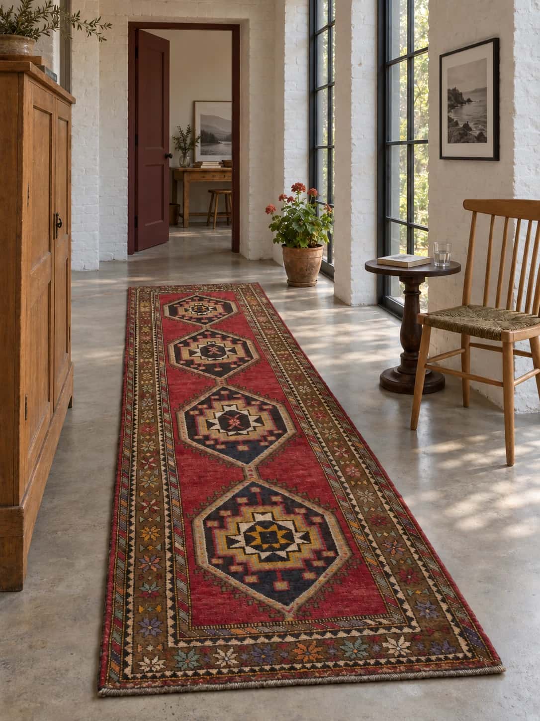Persian rug, oriental, 117x373 cm, mainly red — In a room