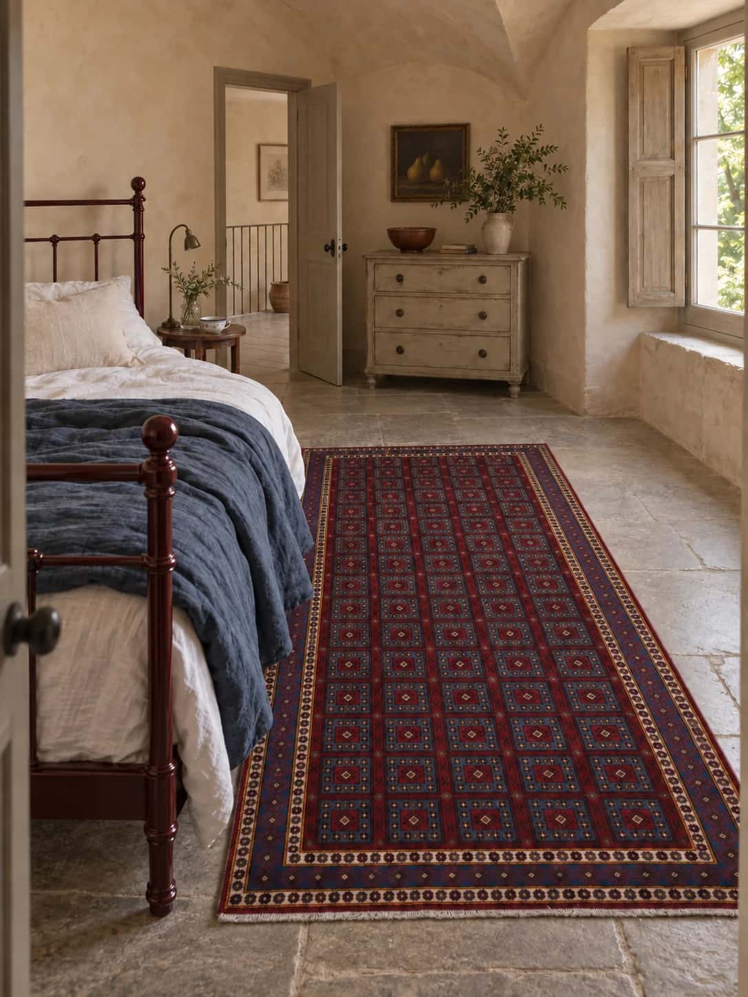 Persian rug, oriental, 140x250 cm, mainly red and blue — In a room