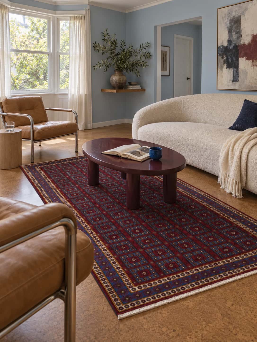 Persian rug, oriental, 140x250 cm, mainly red and blue — In a room