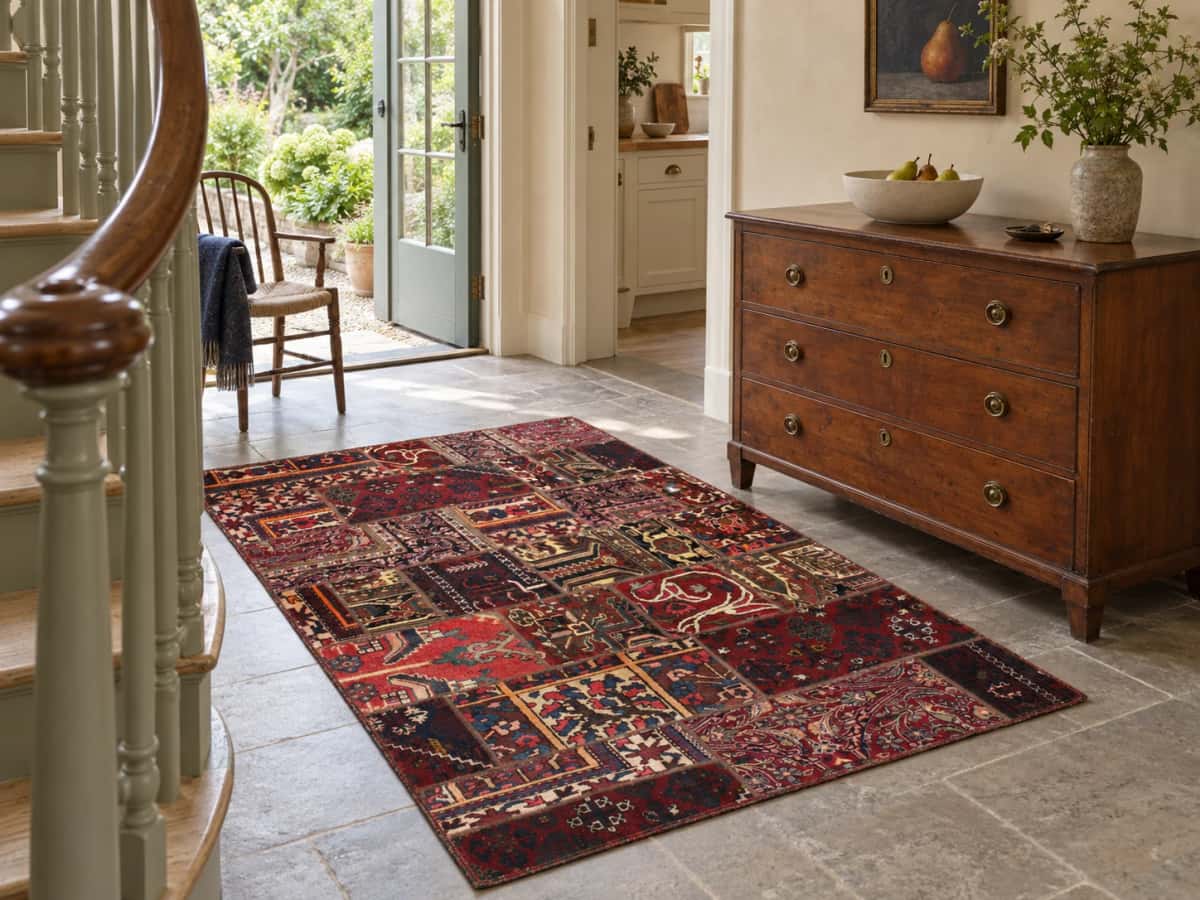 Persian Rey Patchwork Rug, 136x207 cm, mainly red and blue — In a room