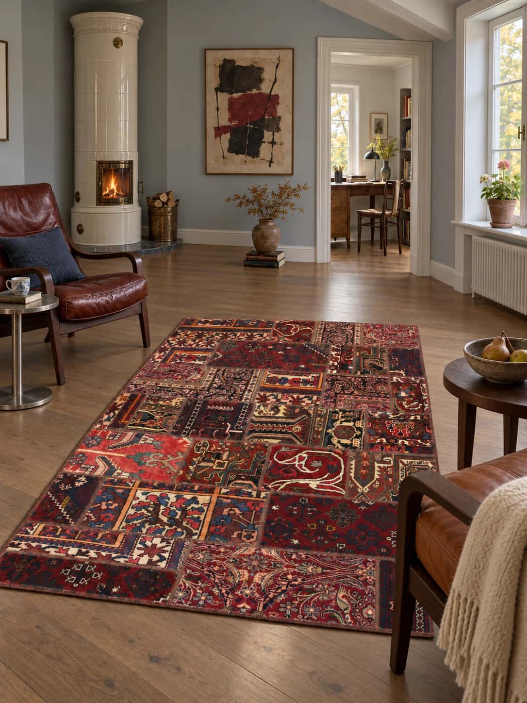 Persian Rey Patchwork Rug, 136x207 cm, mainly red and blue — In a room