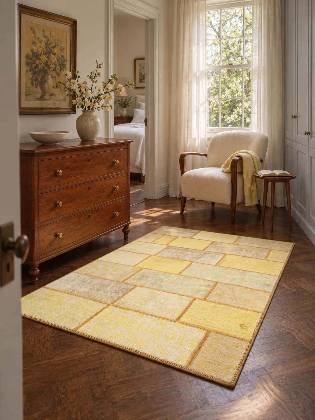 Persian Rey Patchwork Rug, 117x172 cm, mainly yellow — In a room