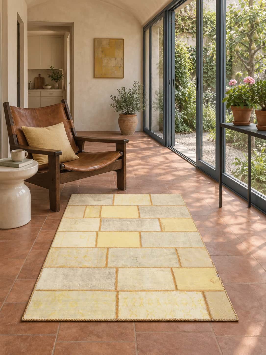Persian Rey Patchwork Rug, 117x172 cm, mainly yellow — In a room