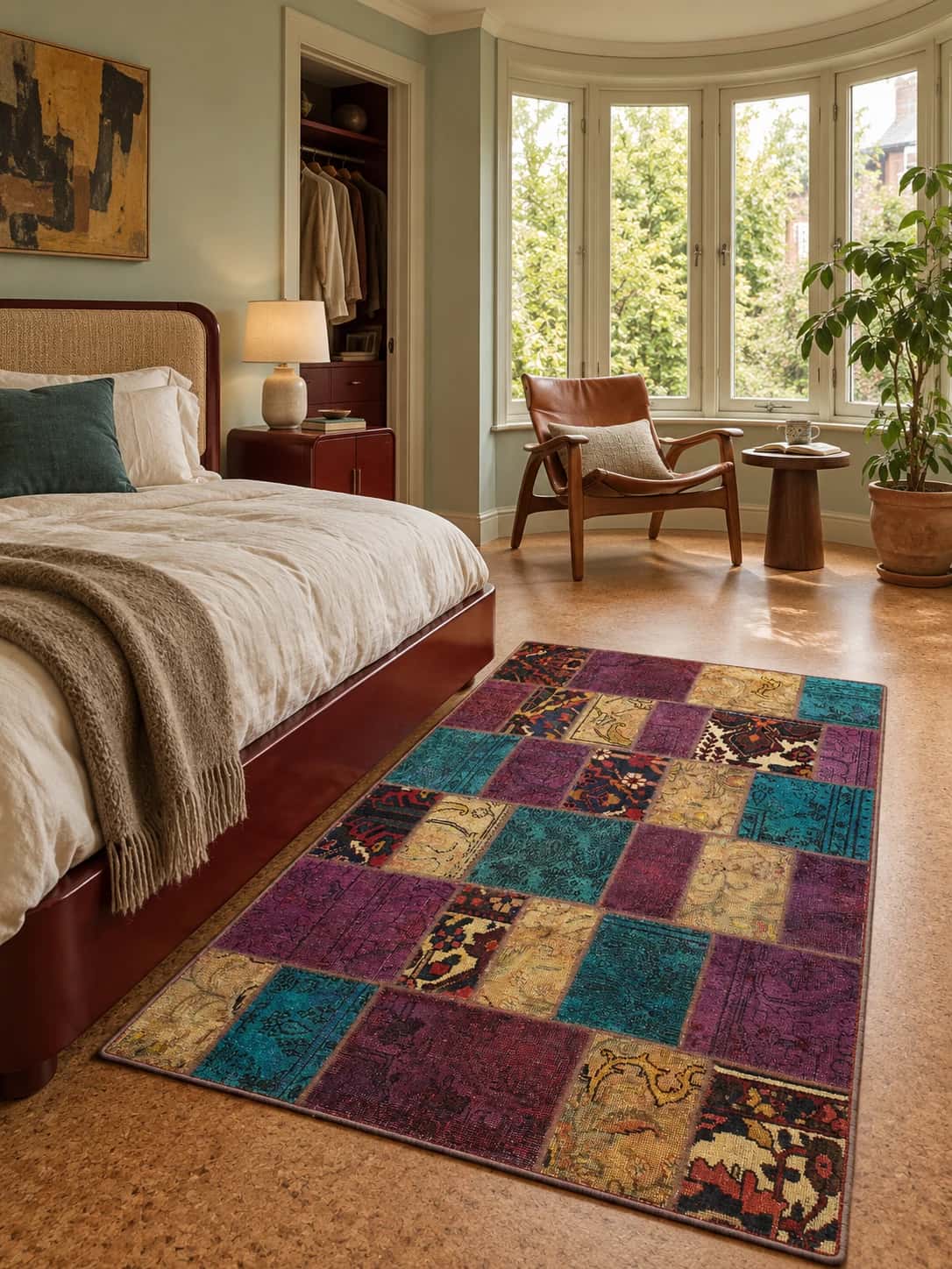 Persian Rey Patchwork Rug, 120x180 cm, mainly purple and teal — In a room