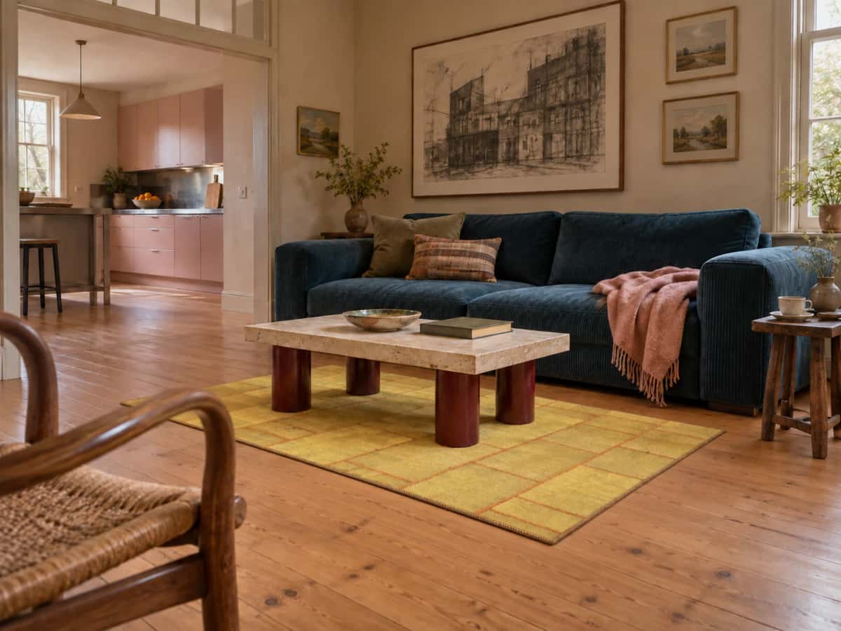 Persian Rey Patchwork Rug, 140x195 cm, mainly yellow — In a room