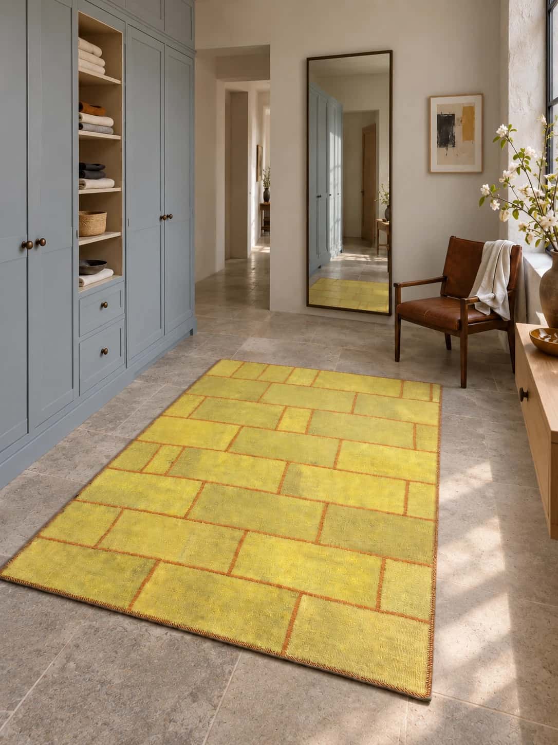 Persian Rey Patchwork Rug, 140x195 cm, mainly yellow — In a room