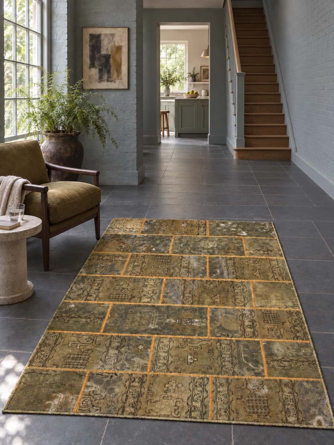 Persian Rey Patchwork Rug, 150x210 cm, mainly green — In a room